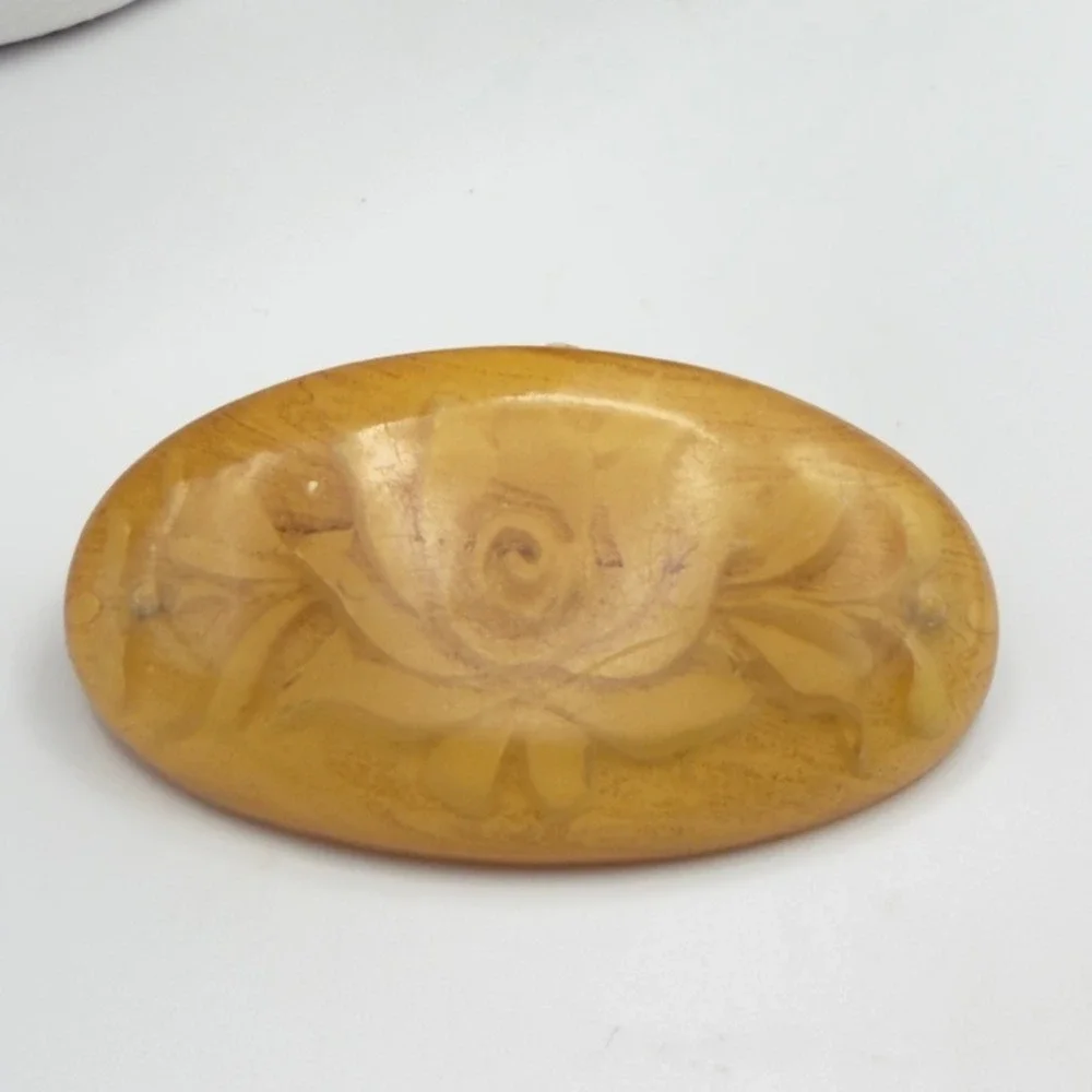 Vintage Barrette MCM Butterscotch Amber Reverse Carved Rose Floral Hair Clip